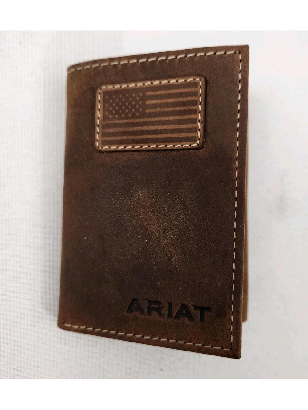Ariat Distressed Leather Trifold Men's Wallet Brown American Flag Credit Card ID